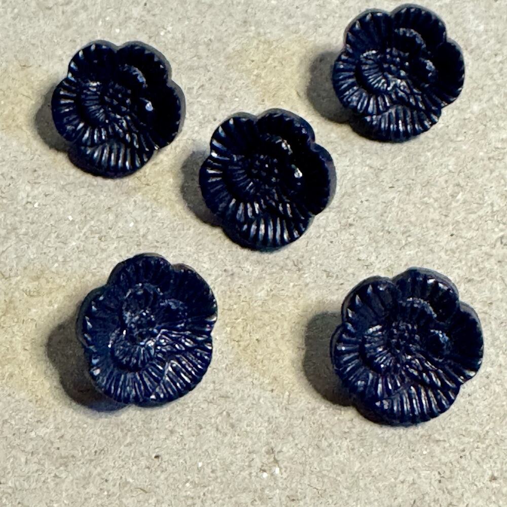 Vintage Black Floral Plastic Buttons Lot of 5 Carved Flower Shank 1/2” Sewing